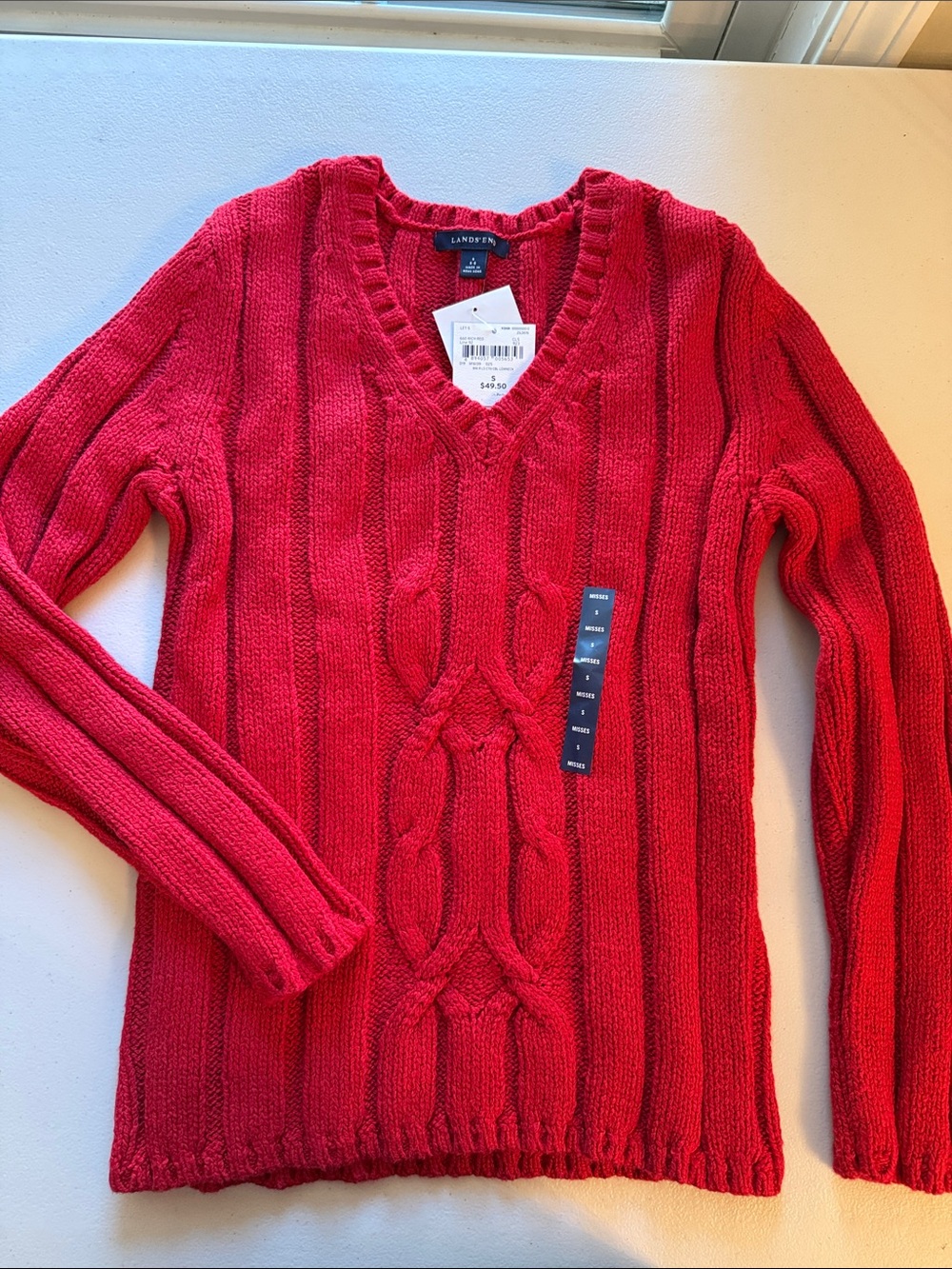 Lands' End Women's Red Cable V-Neck Sweater size small